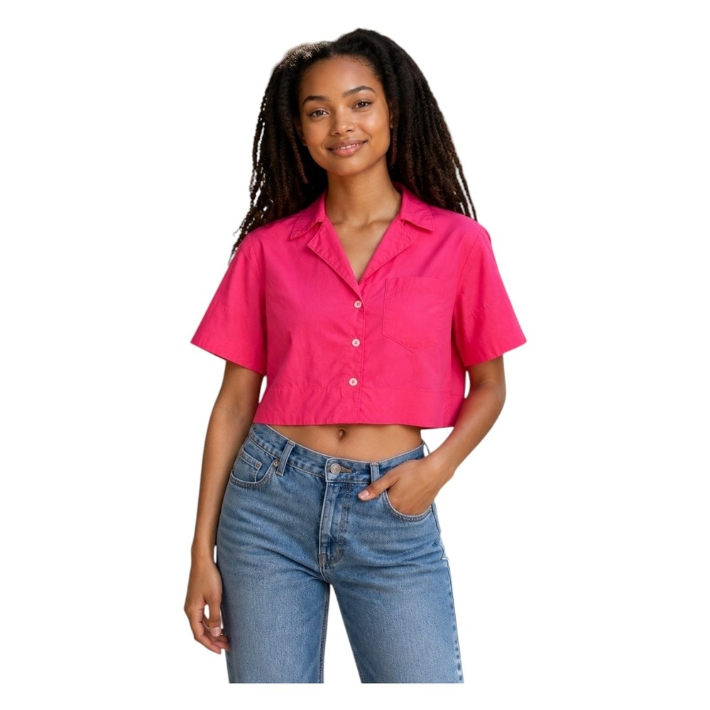 Maeve Anthropologie Cropped Camp Shirt Boxy Hot Pink Barbie Cotton Girly‎ XXS
